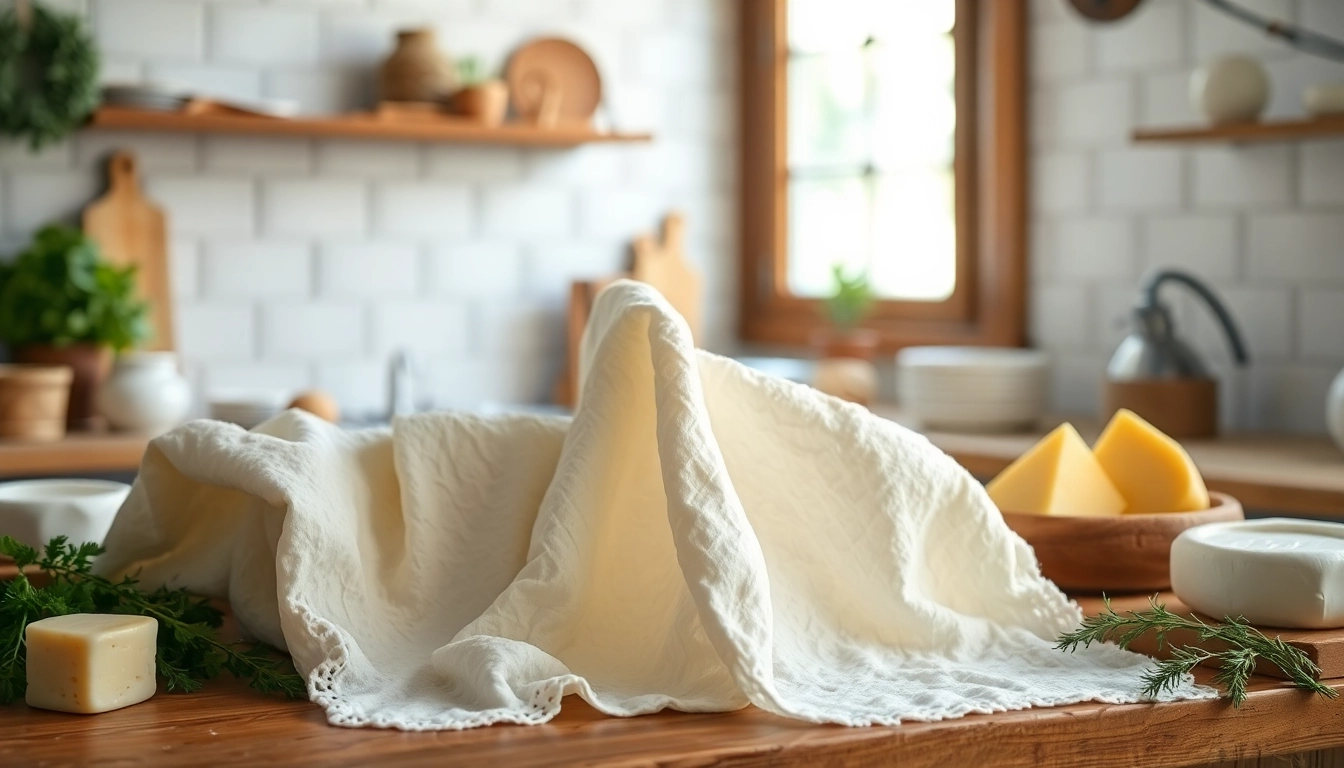 Kaasdoek gebruikt in een gezellige keukenomgeving met verse ingrediënten.
