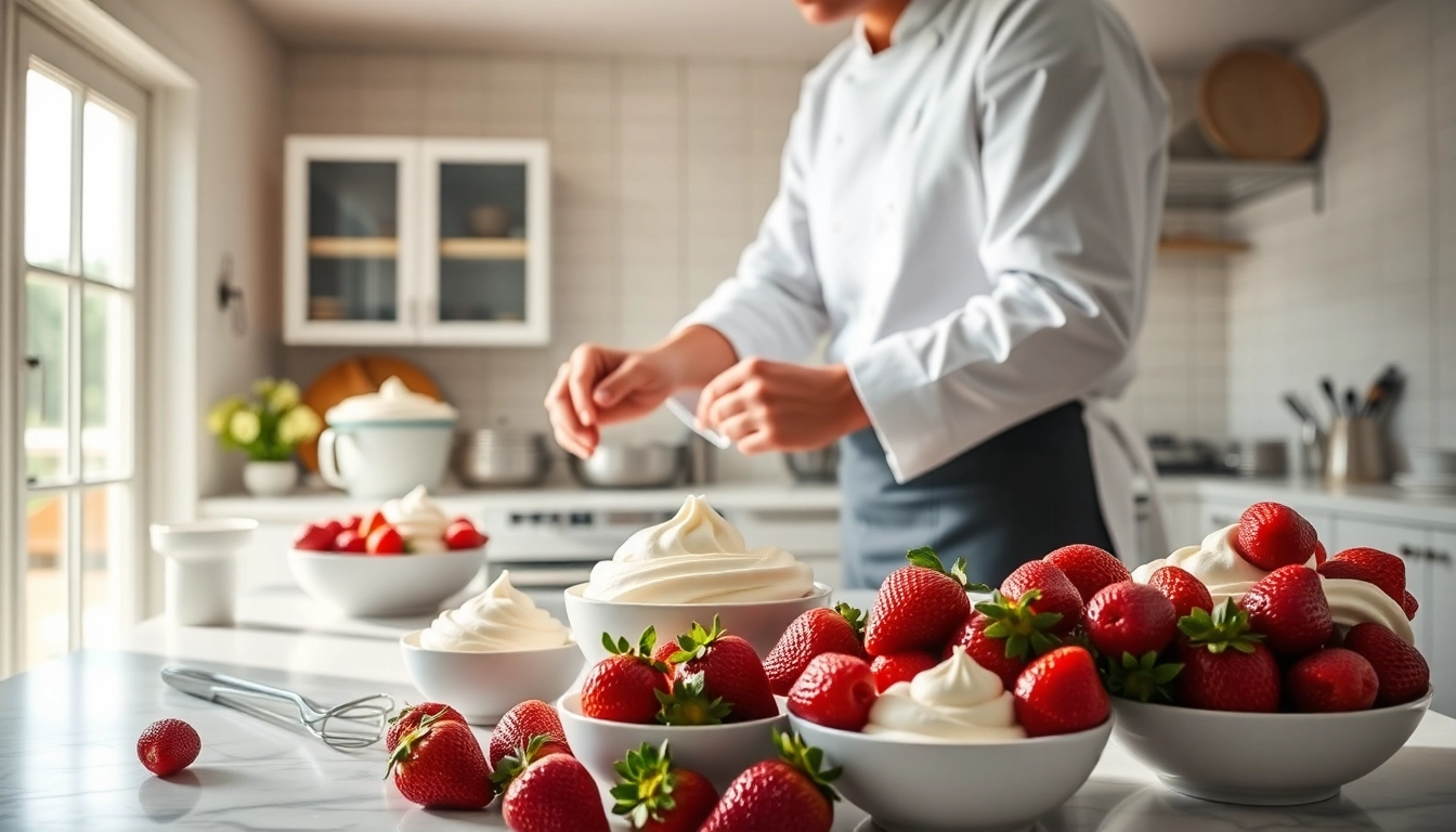 Maak mousseline crème met een professionele chef in een lichte keuken met verse aardbeien.