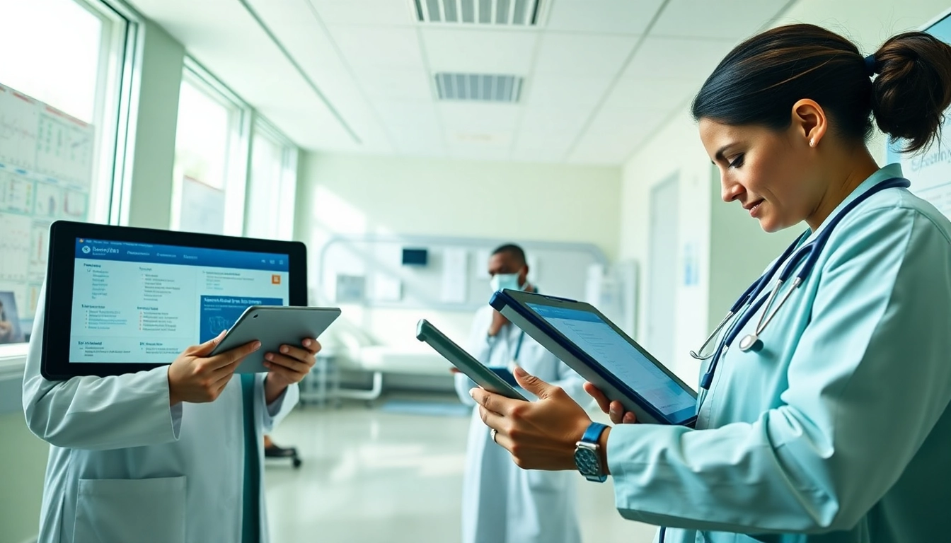 Clinicians integrating eprescribing systems while consulting in a modern hospital room.
