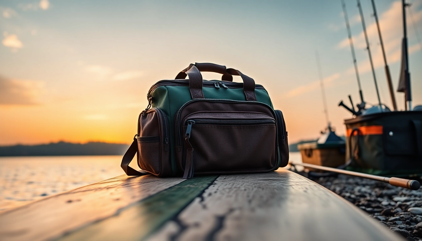 Showcasing a durable Fly fishing bag against a sunset backdrop with fishing gear.