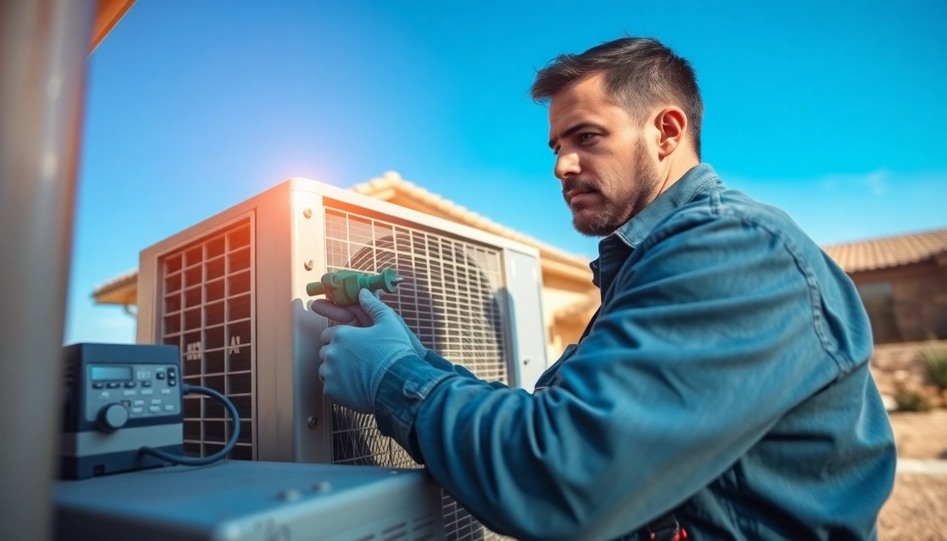 Expert technician performs ac repair mesa az, showcasing professionalism in a sunny residential setting.