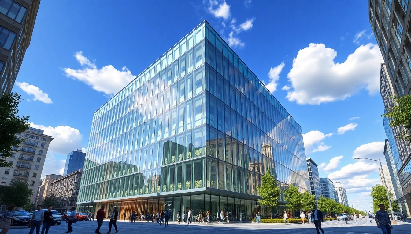 Architekturvisualisierung eines modernen Gebäudes mit lebendiger Stadtatmosphäre darstellen.